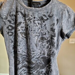 Twenty-one Y2K Gray Leopard Studded Graphic Tee with rhinestones.  Size M